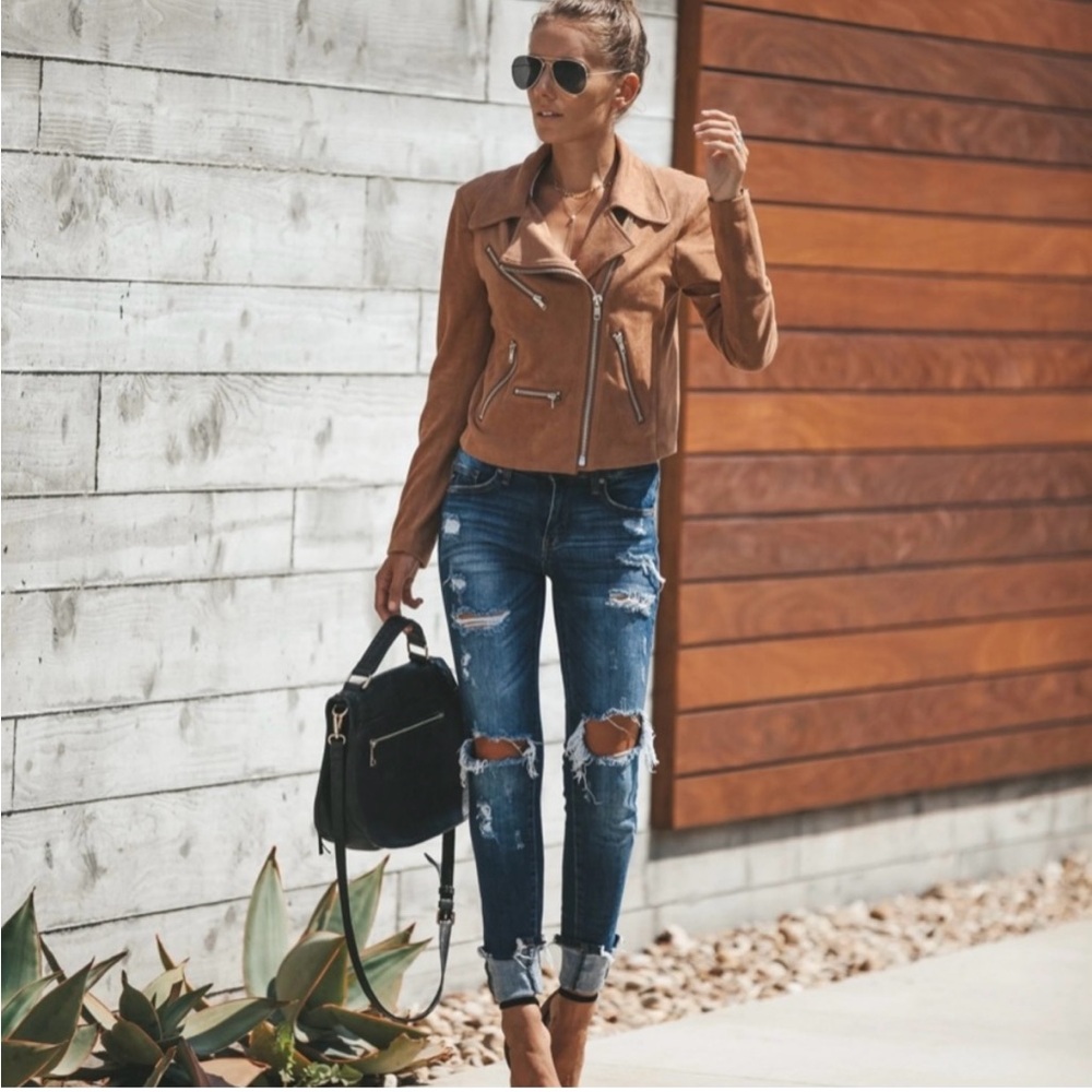 VICI Tan Faux Suede Moto Jacket Lightweight Zip Up Size Small - Picture 4 of 8